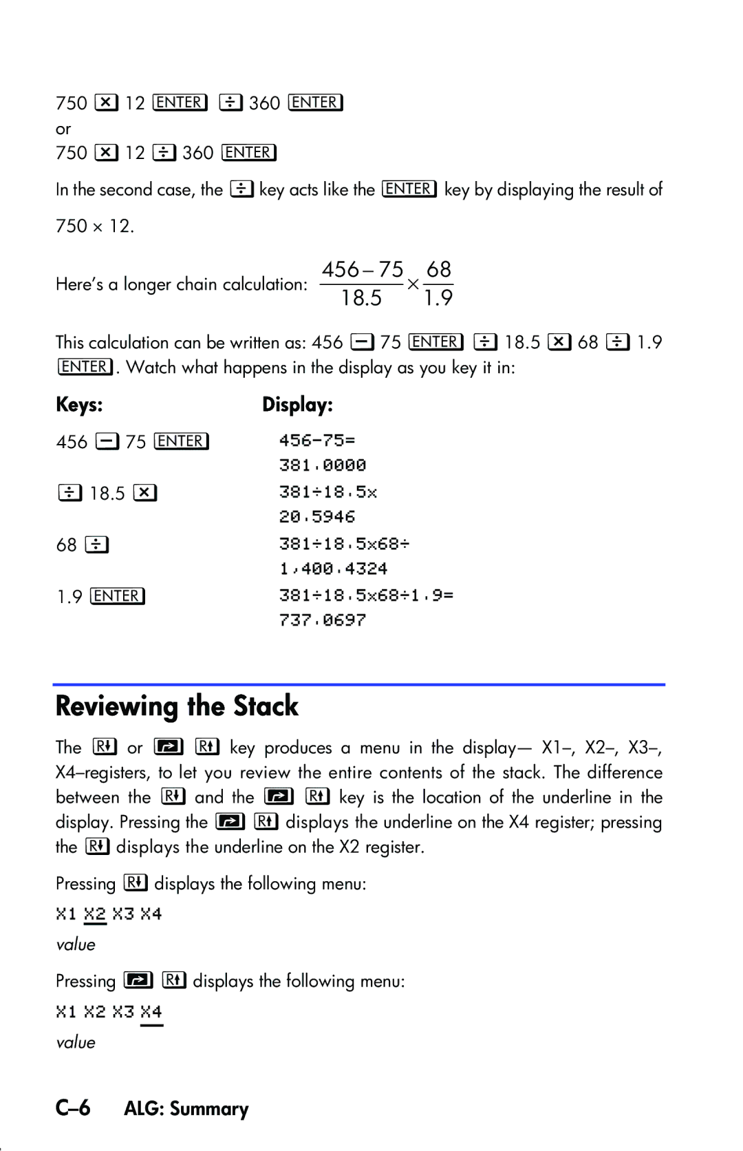 HP 33s Scientific manual Reviewing the Stack, 6ALG Summary 