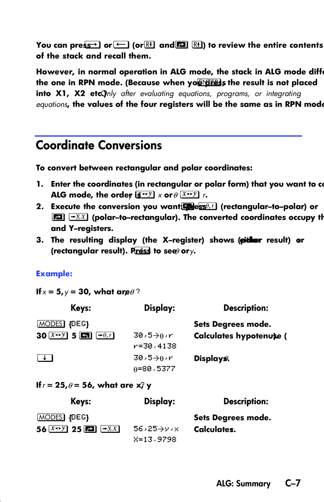 HP 33s Scientific manual Coordinate Conversions, ALG Summary C-7 