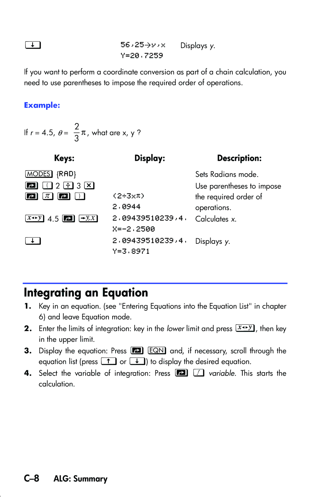 HP 33s Scientific manual Integrating an Equation, Q3 z, 8ALG Summary 