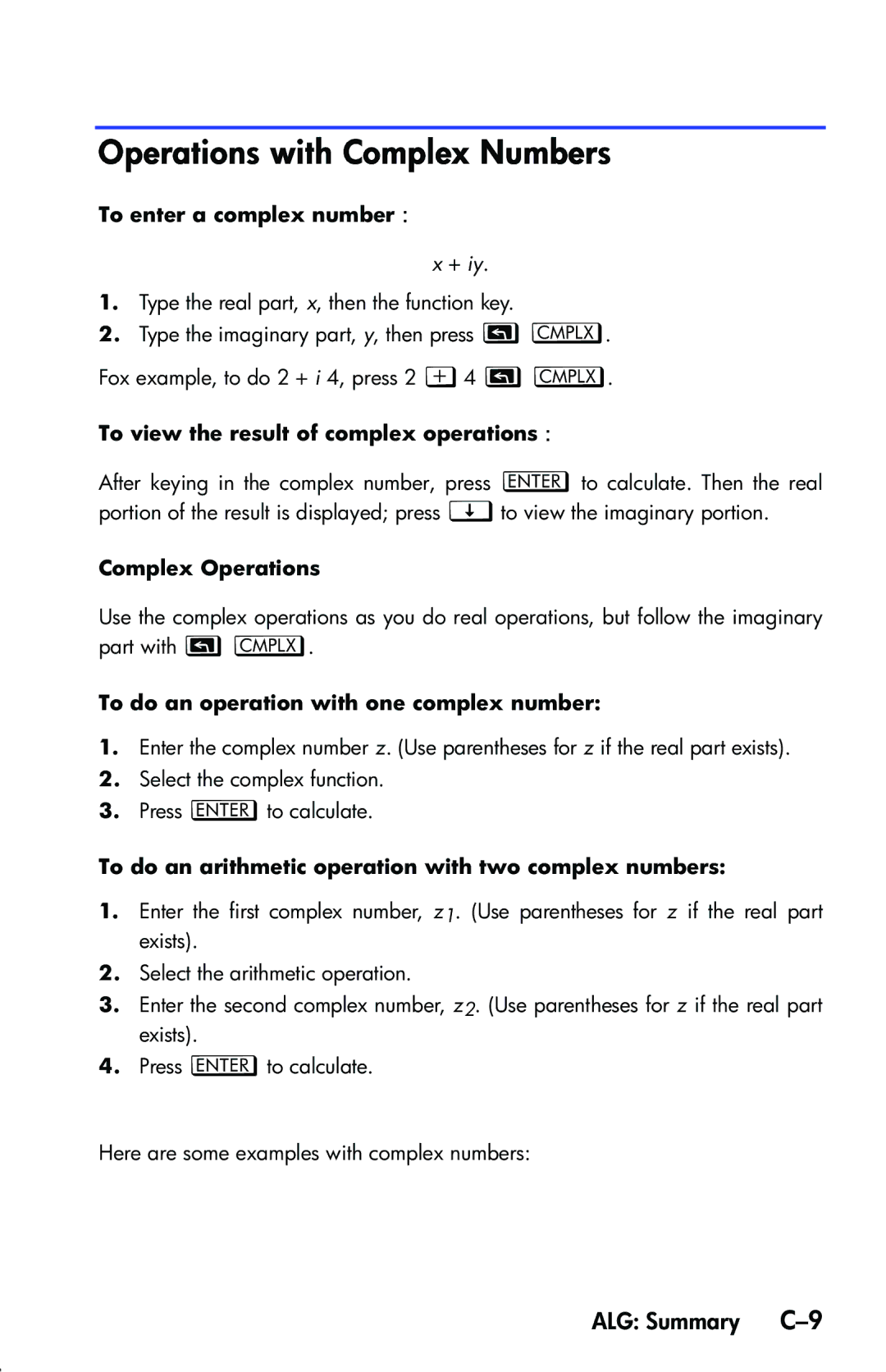 HP 33s Scientific manual Operations with Complex Numbers, ALG Summary C-9, To view the result of complex operations 