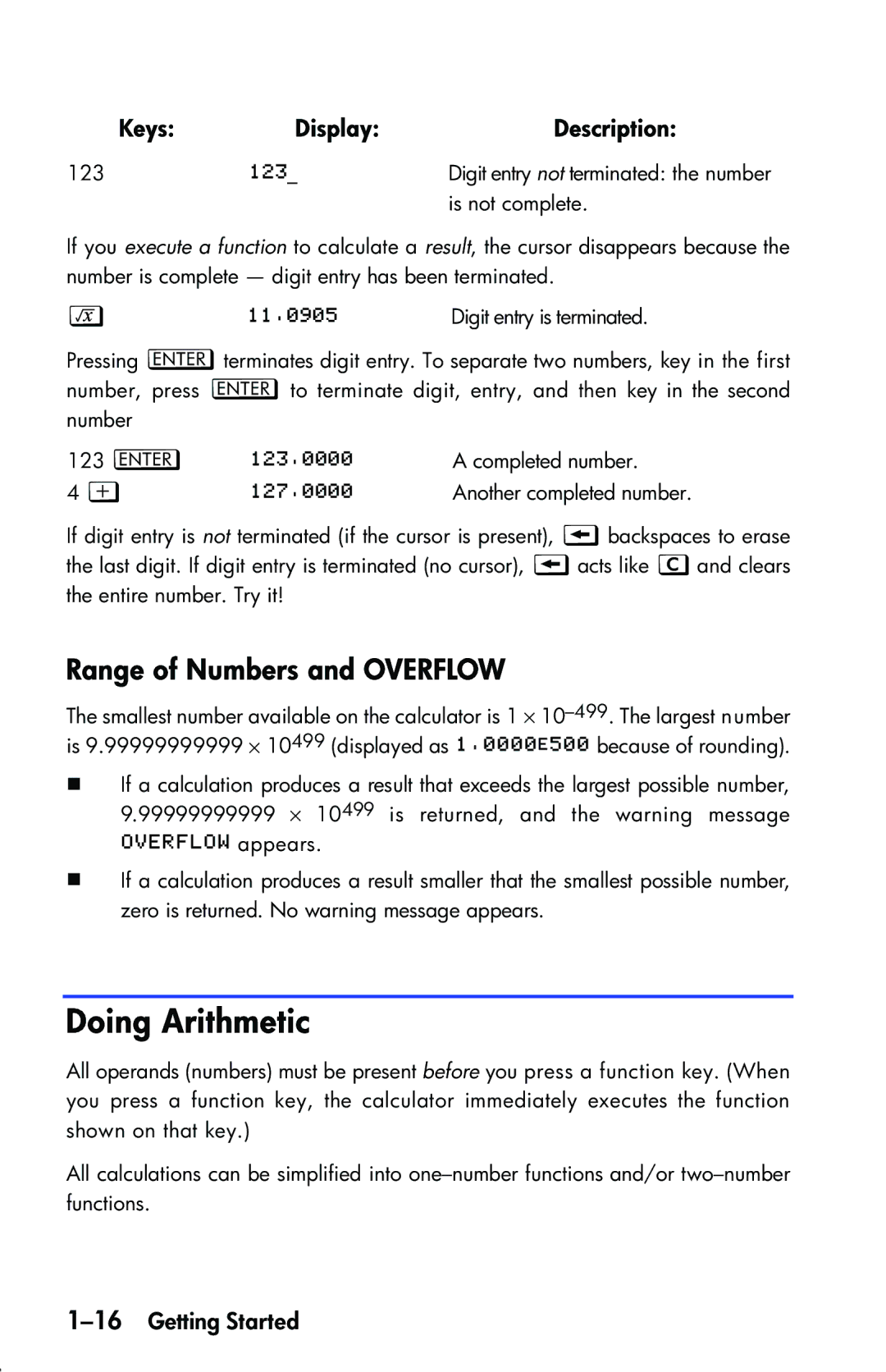 HP 33s Scientific manual Doing Arithmetic, Range of Numbers and Overflow, Keys Display, 16Getting Started 