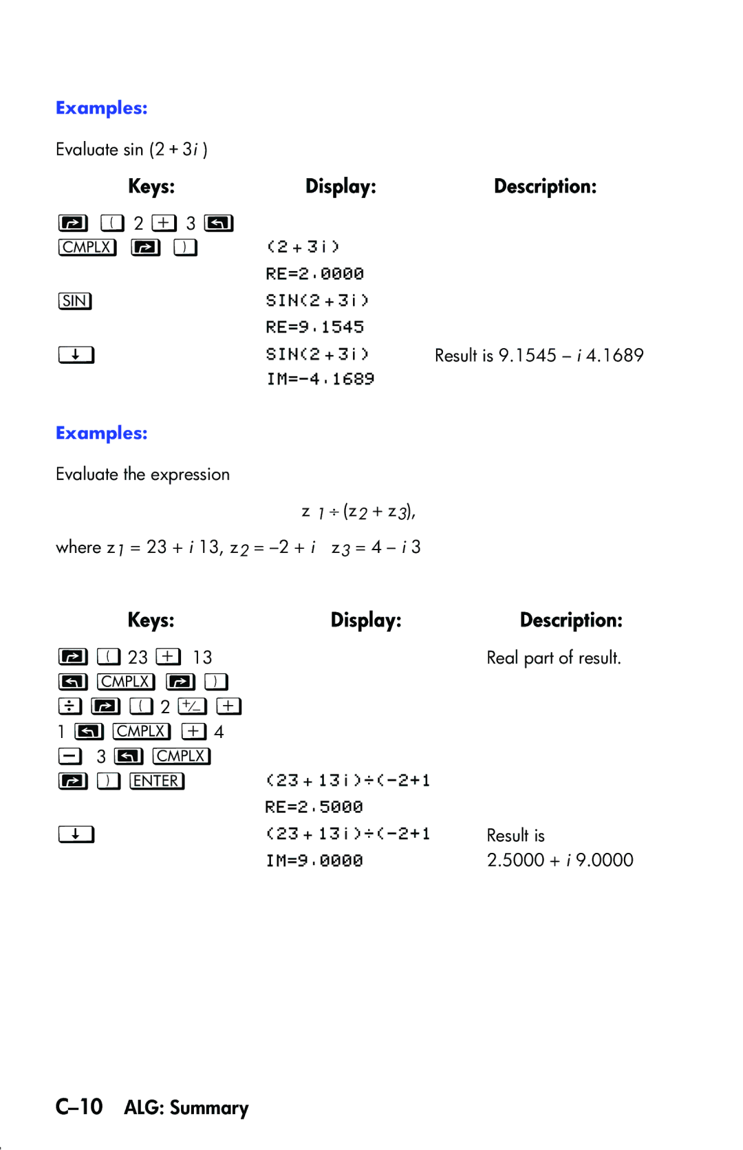 HP 33s Scientific manual 2 ›3 `, `  Q2 › , 10ALG Summary 