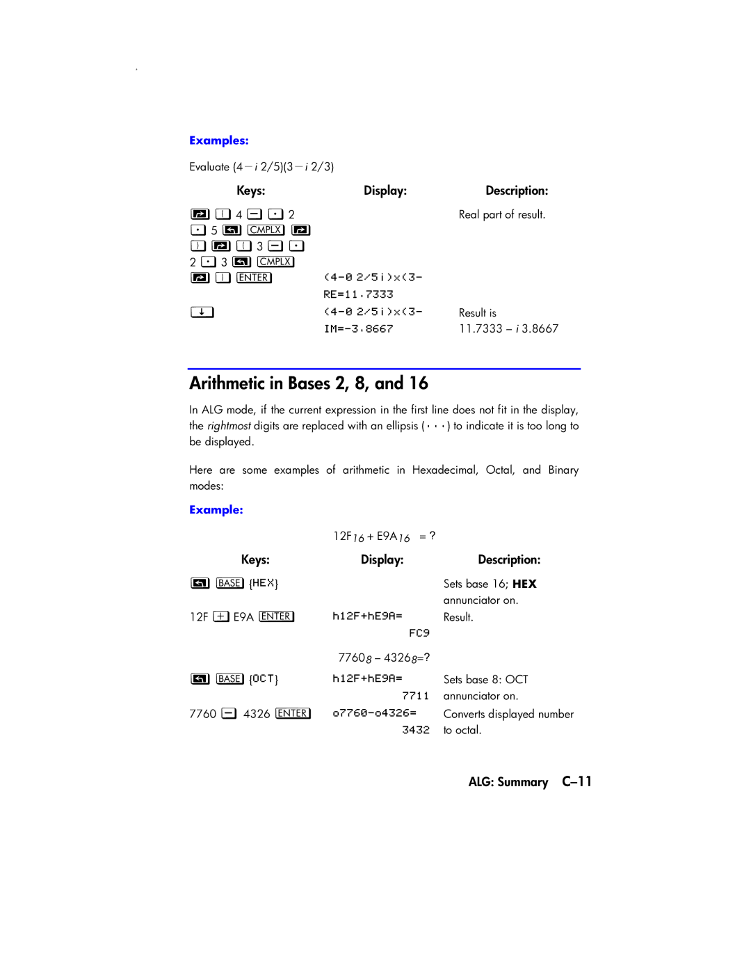 HP 33s Scientific manual ºy4 ÃË2, Ë5 ¹cº  ºy3 ÃË , ALG Summary C-11 