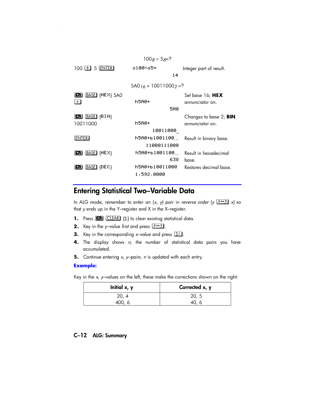 HP 33s Scientific manual Initial x, y Corrected x, y, 12ALG Summary 