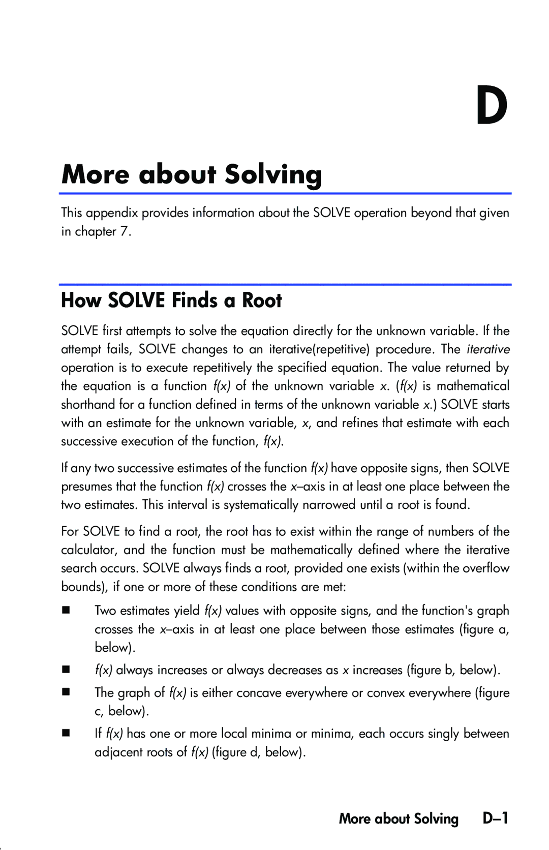 HP 33s Scientific manual How Solve Finds a Root, More about Solving D-1 