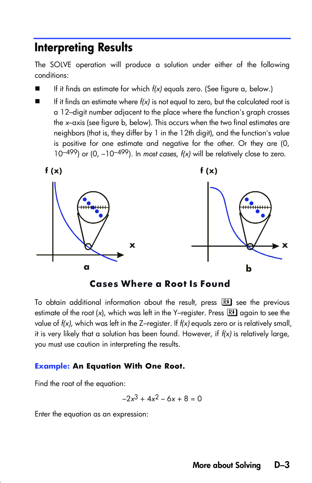 HP 33s Scientific manual Interpreting Results, More about Solving D-3, Example An Equation With One Root 