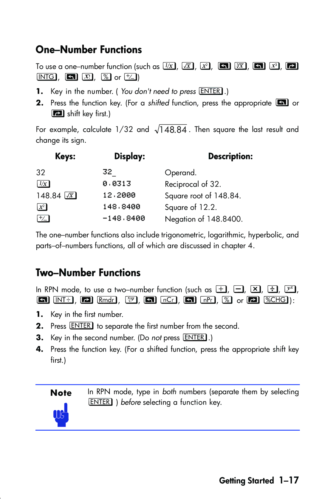 HP 33s Scientific One-Number Functions, Two-Number Functions, , \, , Qor T, Key in the number. You dont need to press ‘ 