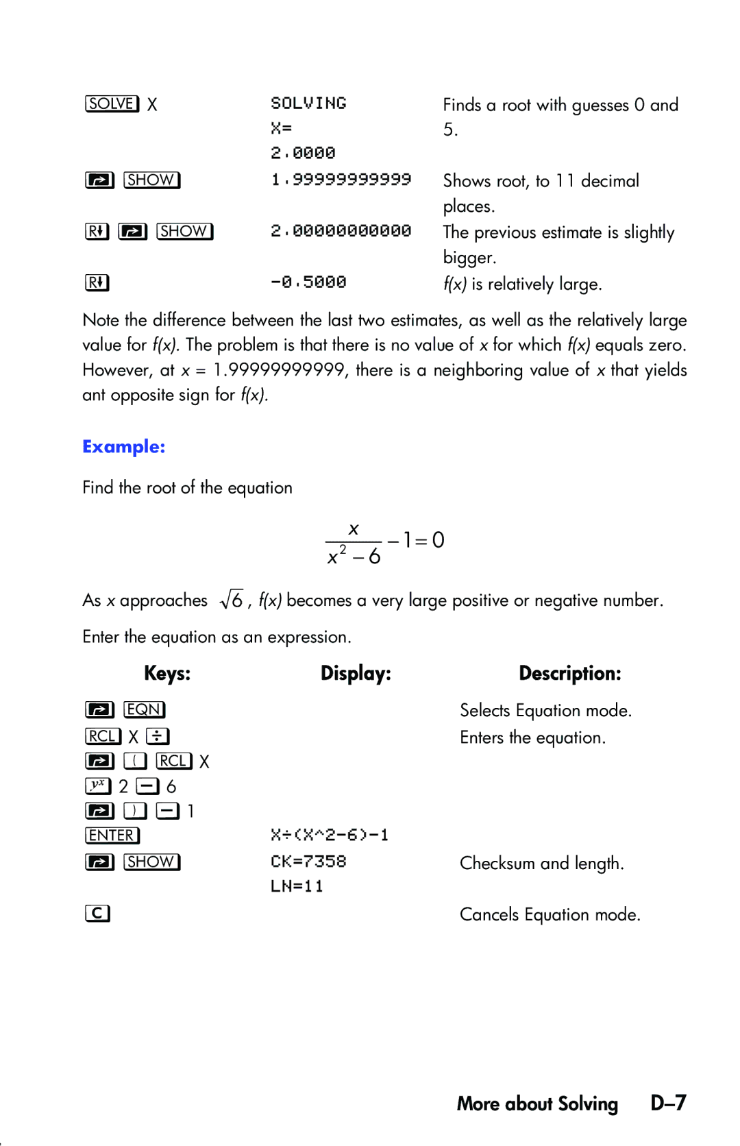 HP 33s Scientific manual 1=, More about Solving D-7 