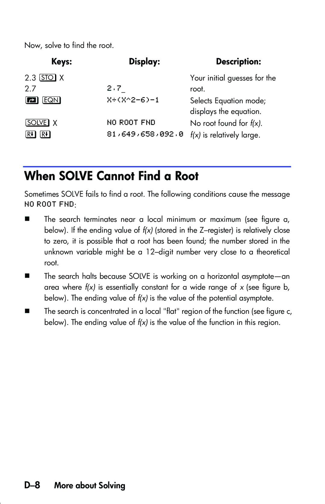 HP 33s Scientific manual When Solve Cannot Find a Root, 8More about Solving 