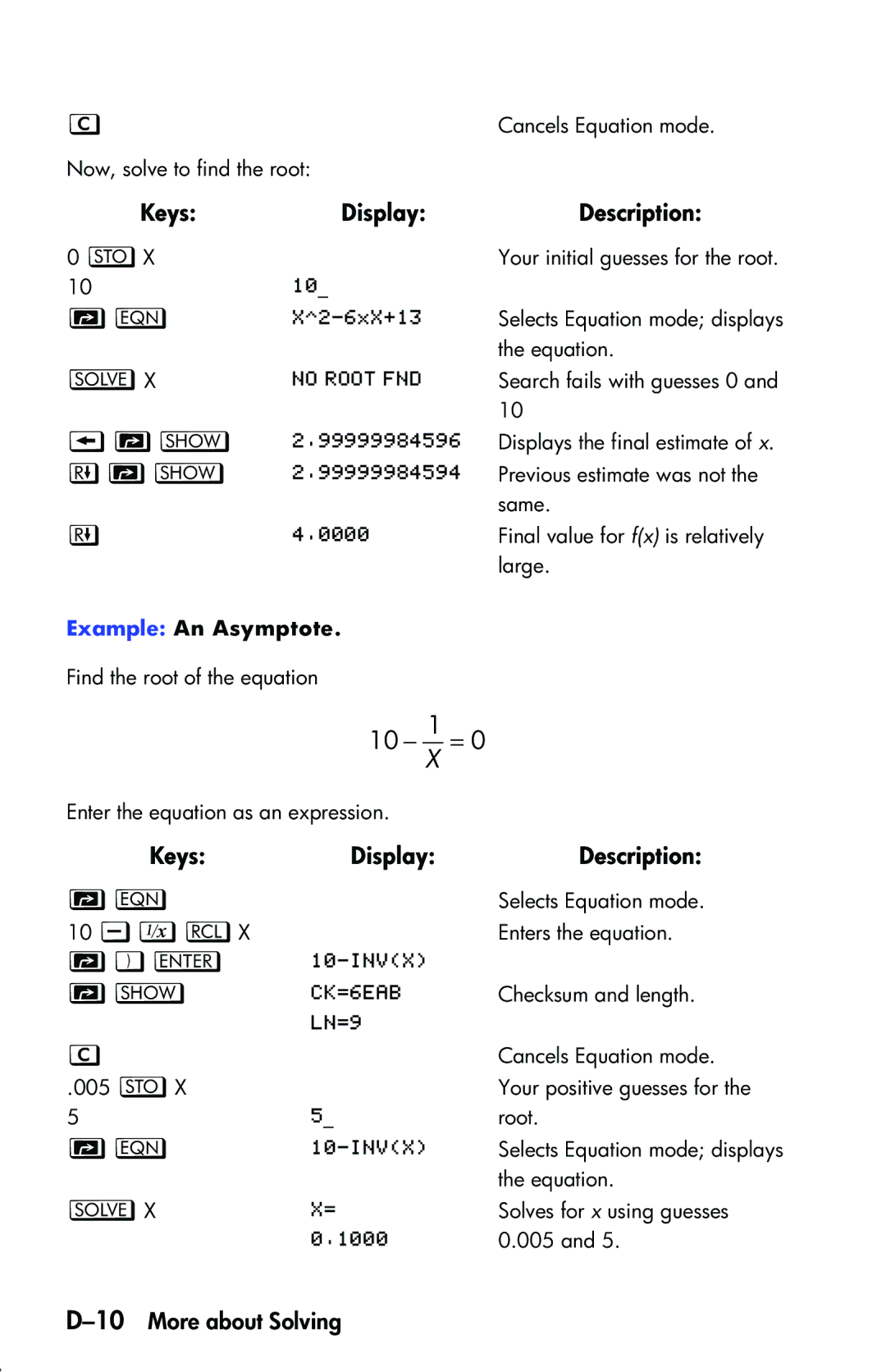 HP 33s Scientific manual 10More about Solving, Example An Asymptote 