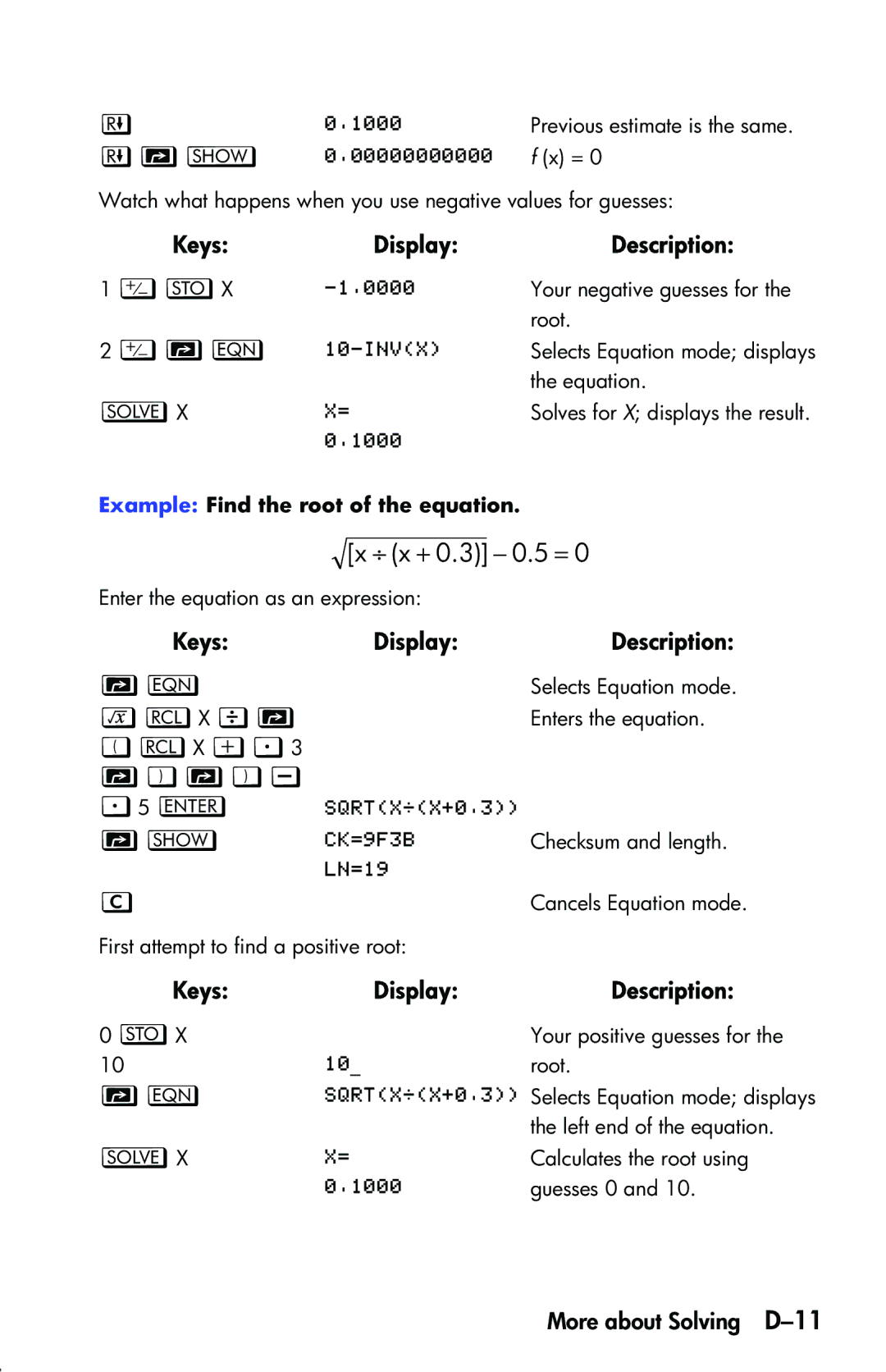 HP 33s Scientific ⎟ x + 0.3 − 0.5 =, #LX q LX ›3 ``…, More about Solving D-11, Example Find the root of the equation 