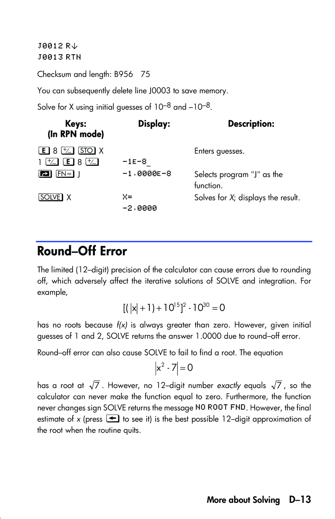 HP 33s Scientific manual Round-Off Error, More about Solving D-13 