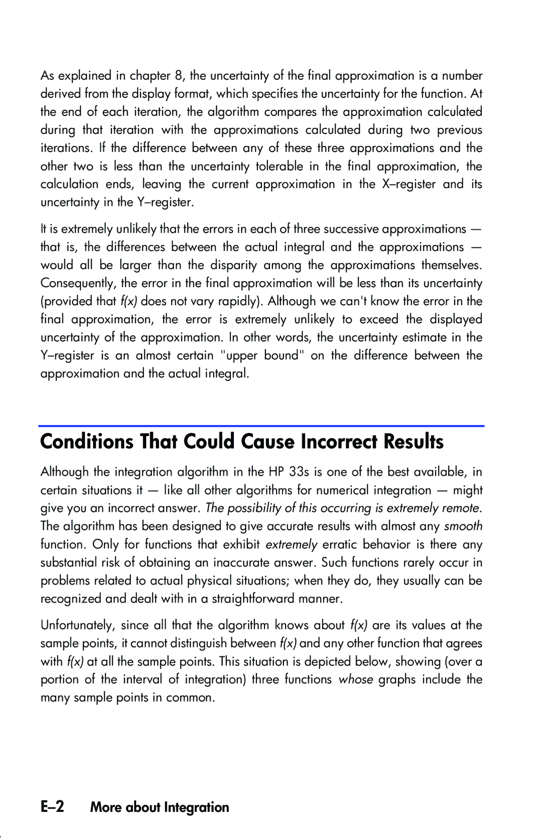 HP 33s Scientific manual Conditions That Could Cause Incorrect Results, 2More about Integration 