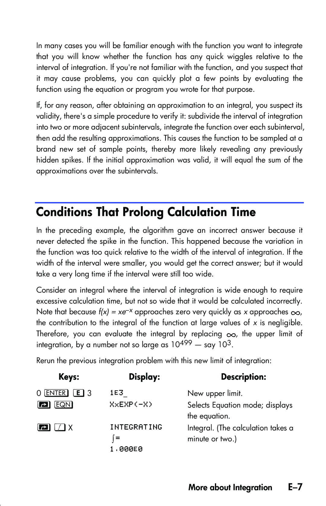 HP 33s Scientific manual Conditions That Prolong Calculation Time, KeysDisplayDescription 