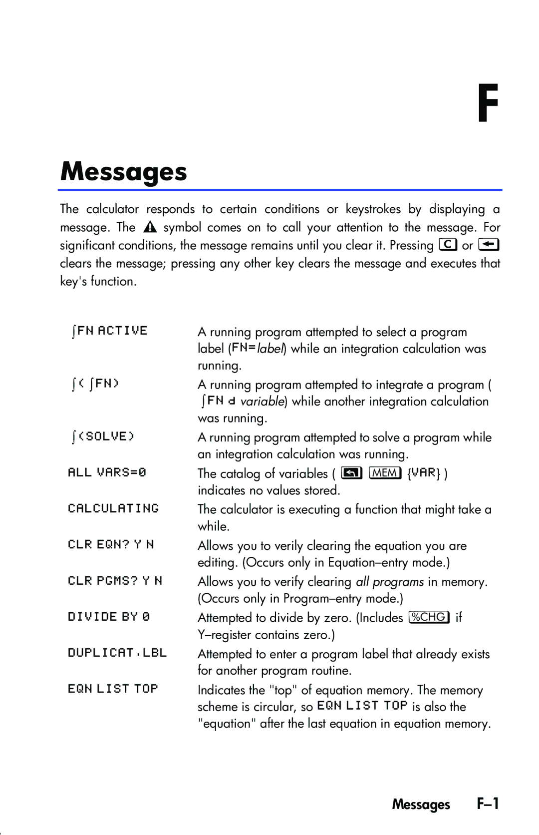 HP 33s Scientific manual Messages F-1 