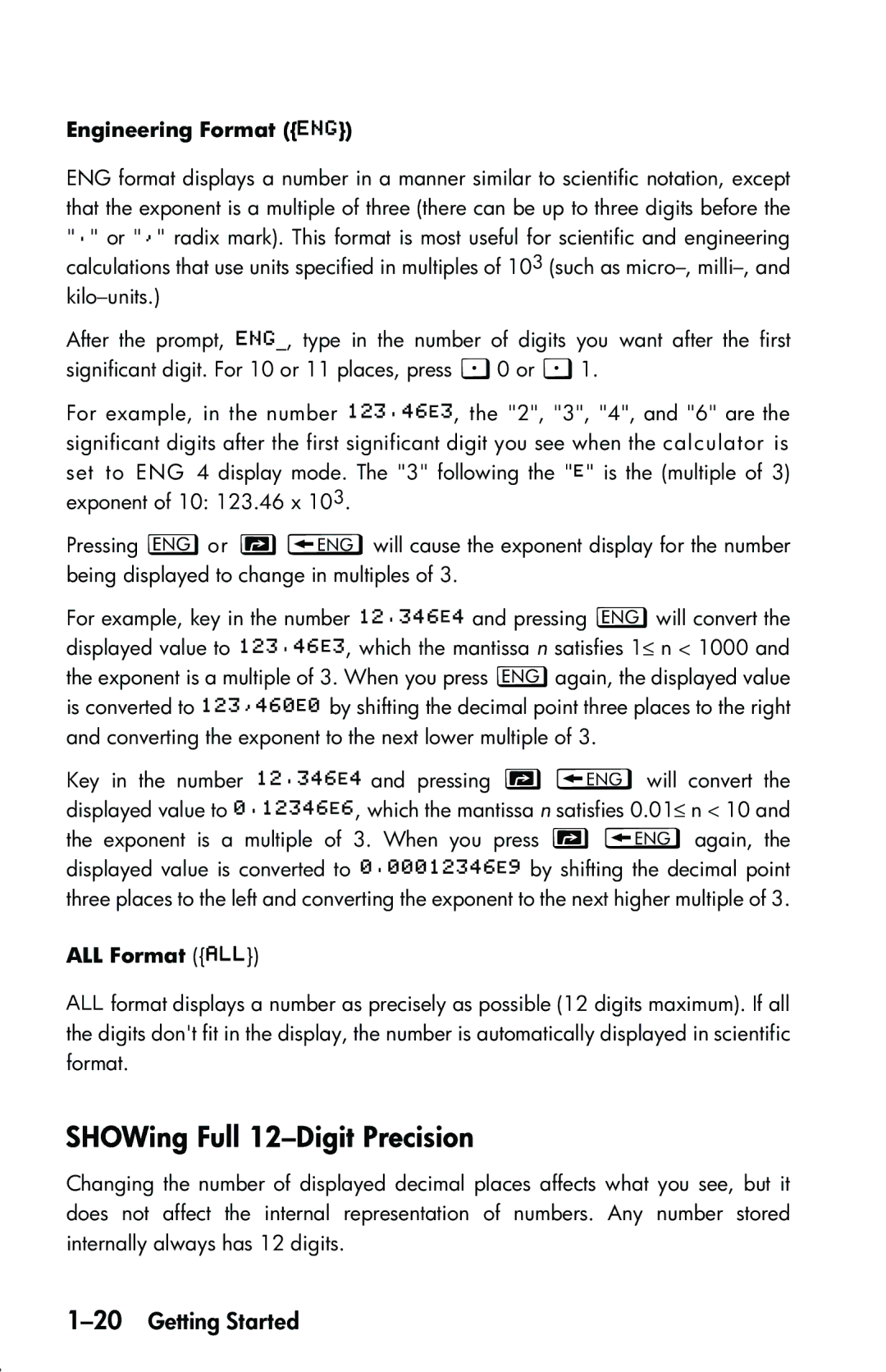 HP 33s Scientific manual SHOWing Full 12-Digit Precision, 20Getting Started, Engineering Format , ALL Format  