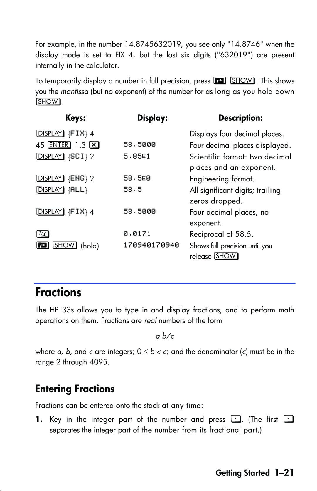 HP 33s Scientific manual Entering Fractions, KeysDisplayDescription 