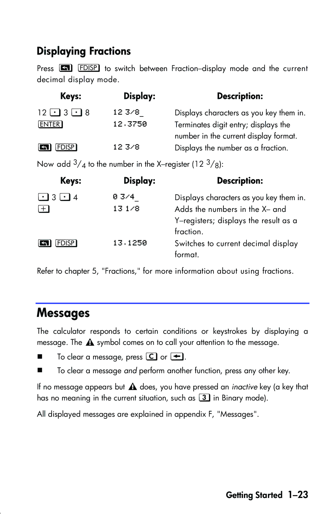 HP 33s Scientific manual Messages, Displaying Fractions, DisplayDescription 