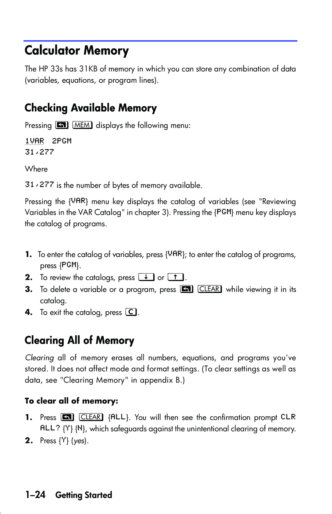 HP 33s Scientific manual Calculator Memory, Checking Available Memory, Clearing All of Memory, 24Getting Started 