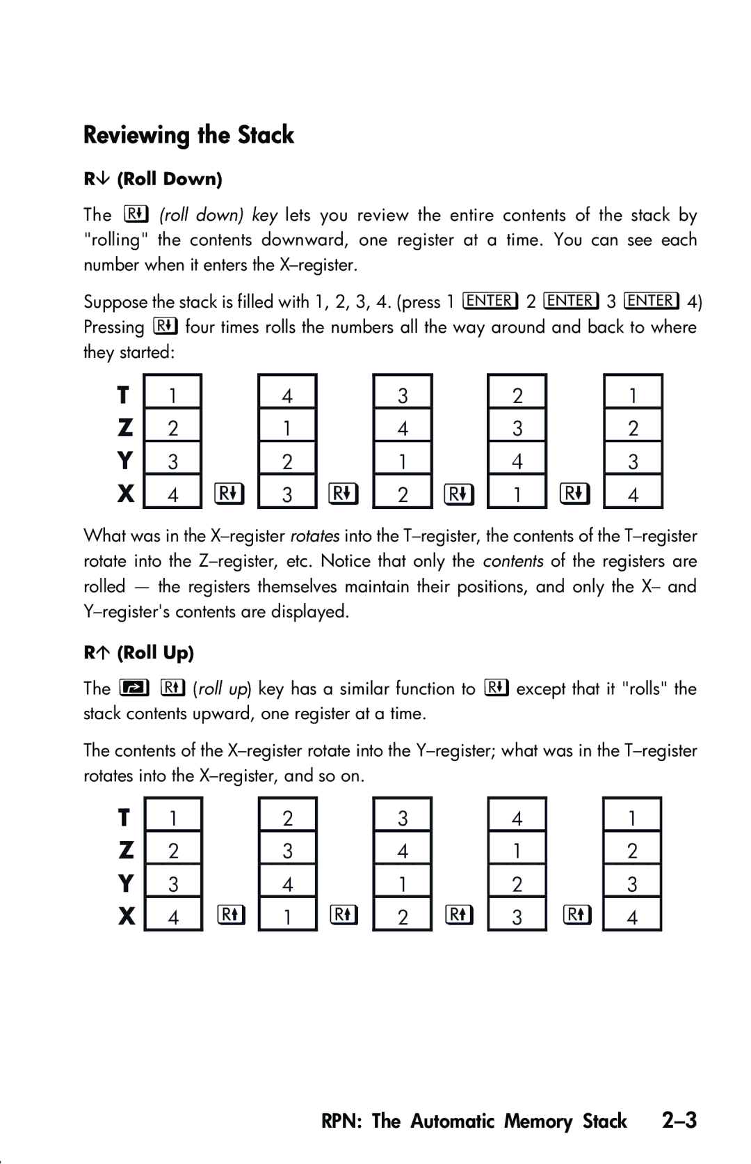 HP 33s Scientific manual Reviewing the Stack, ¶ Roll Down, Rµ Roll Up 