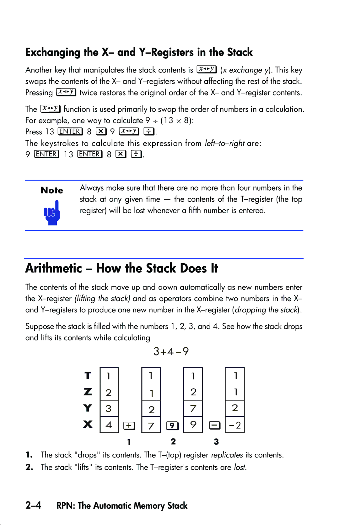 HP 33s Scientific manual Arithmetic How the Stack Does It, Exchanging the X- and Y-Registers in the Stack 