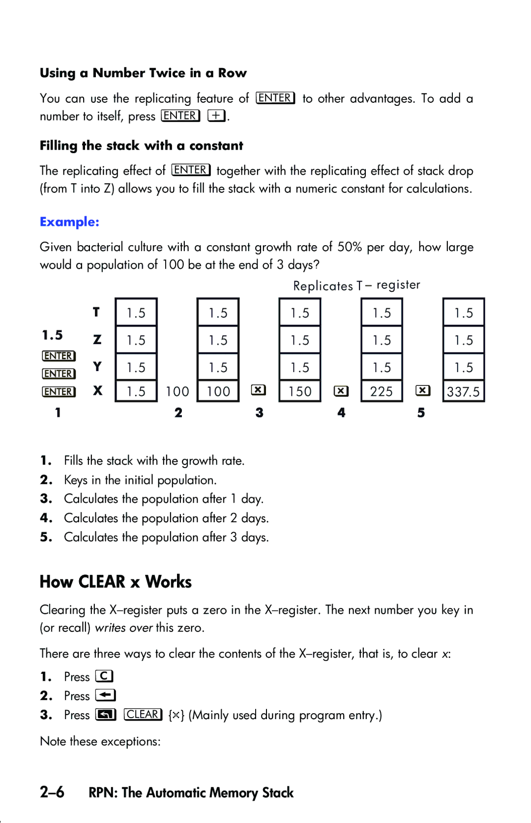 HP 33s Scientific manual How Clear x Works, 6RPN The Automatic Memory Stack, Using a Number Twice in a Row 