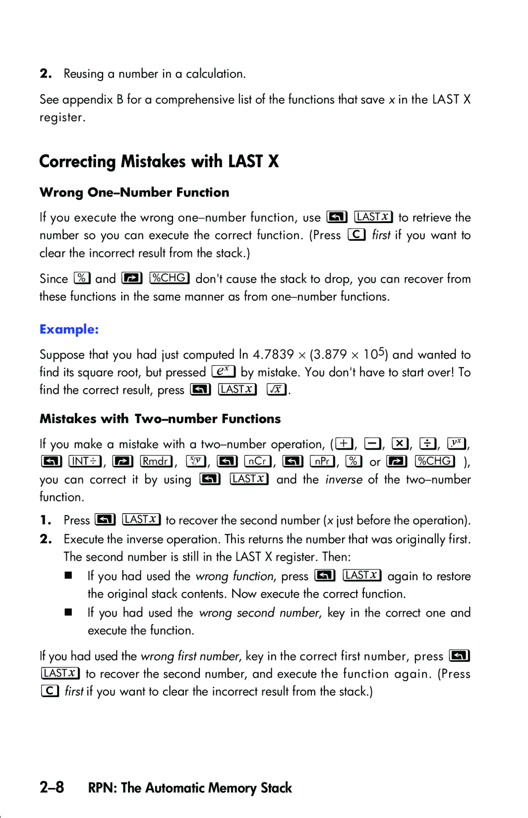 HP 33s Scientific manual Correcting Mistakes with Last, , \, , Qor T, 8RPN The Automatic Memory Stack 