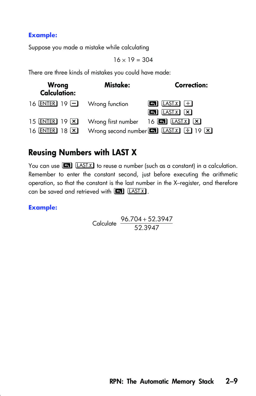 HP 33s Scientific manual Reusing Numbers with Last, ›, Mistake, 96.704 +, RPN The Automatic Memory Stack 