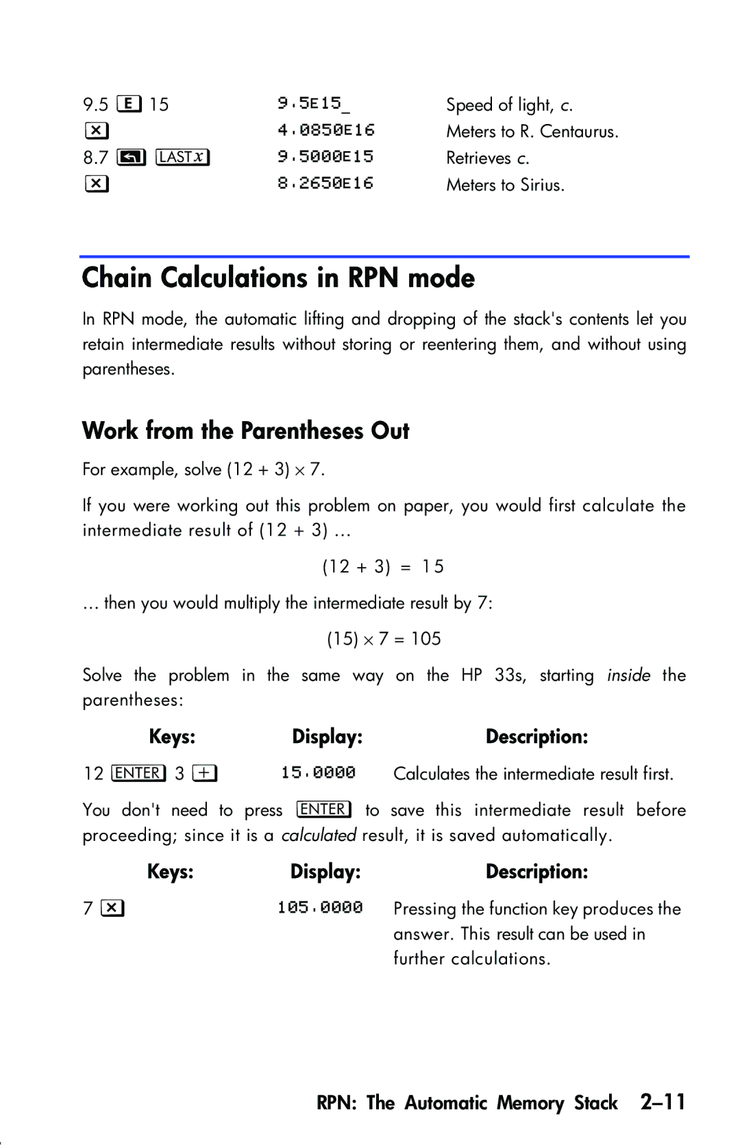 HP 33s Scientific manual Chain Calculations in RPN mode, Work from the Parentheses Out 