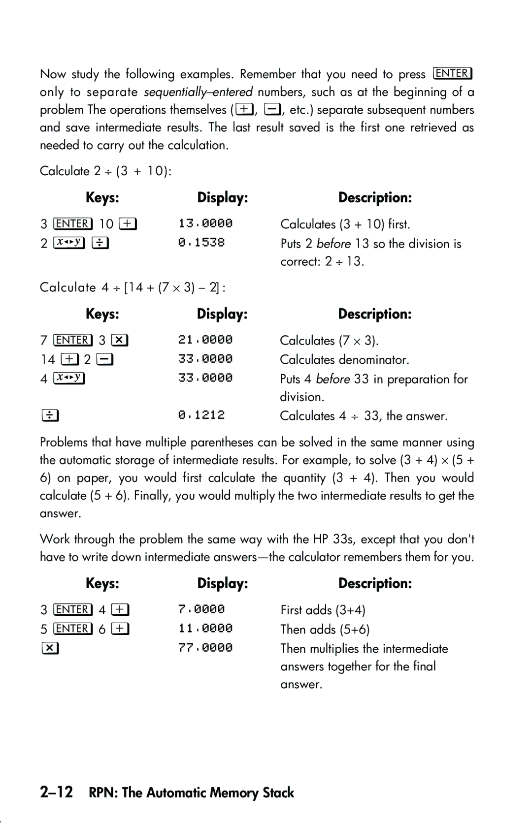 HP 33s Scientific manual ‘3 z, 12RPN The Automatic Memory Stack 