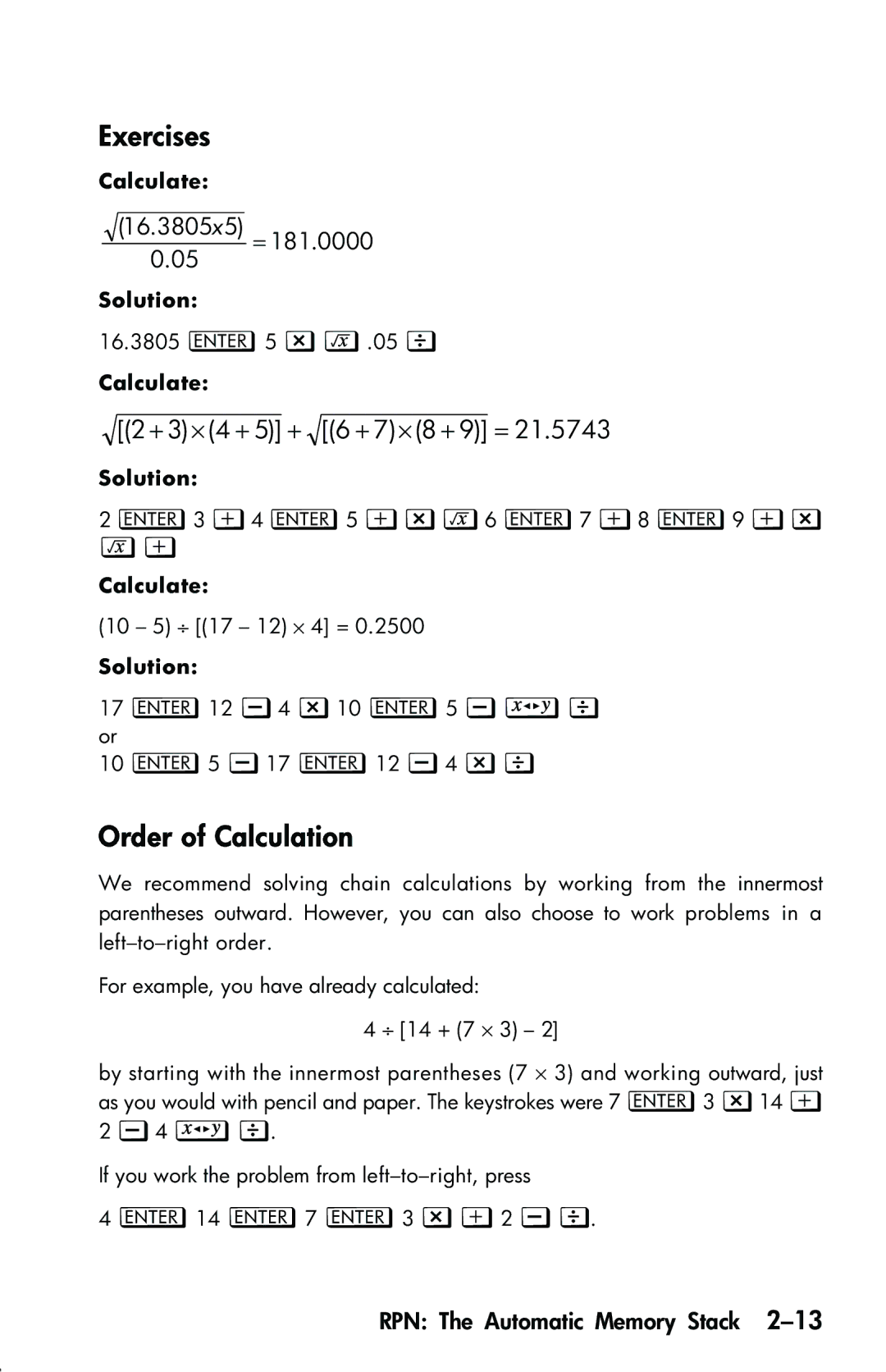 HP 33s Scientific manual Exercises, Order of Calculation, 16.3805x5 = 181.0000, Calculate, Solution 