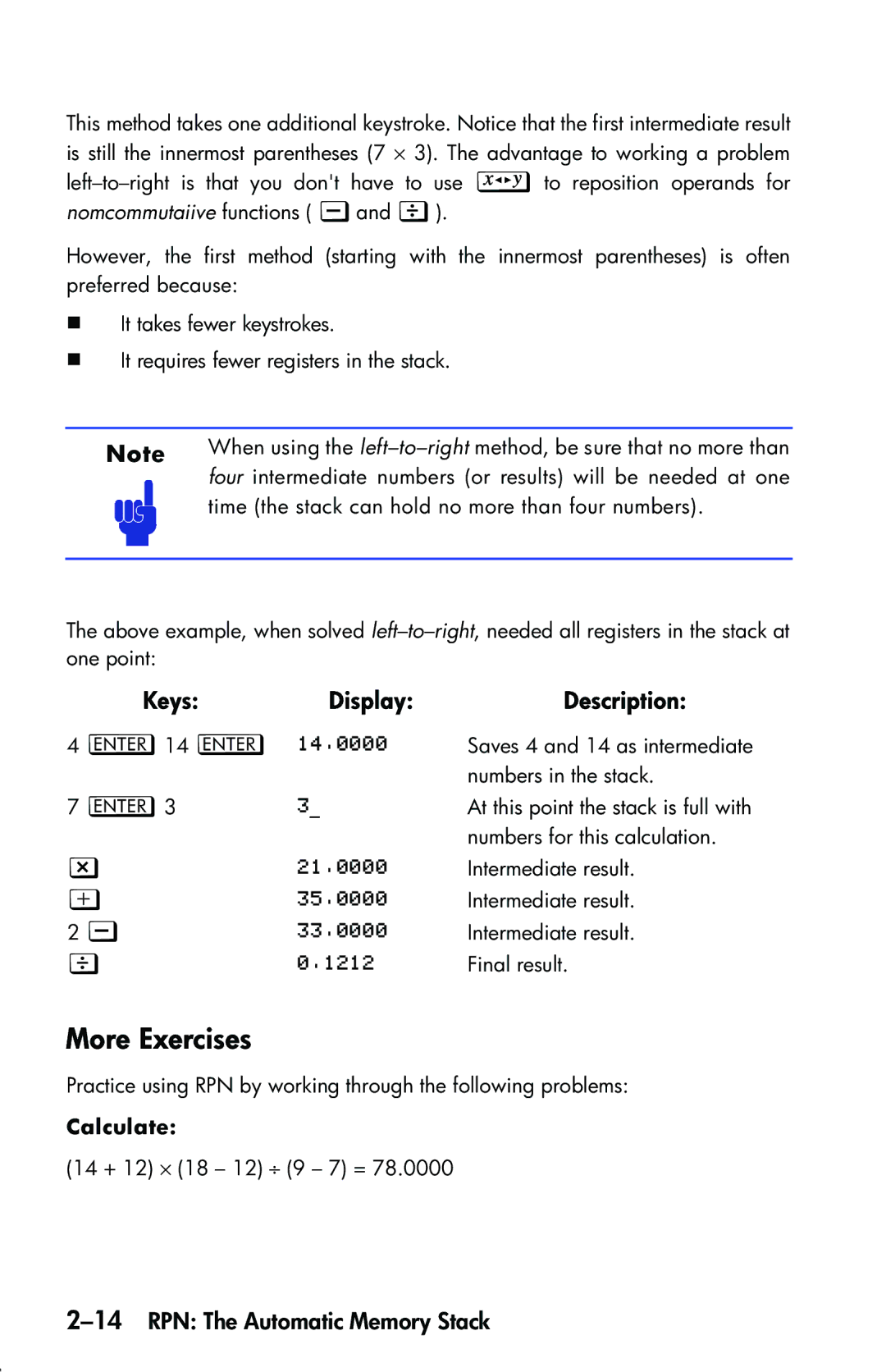 HP 33s Scientific manual More Exercises, 14RPN The Automatic Memory Stack, ‘14 ‘  