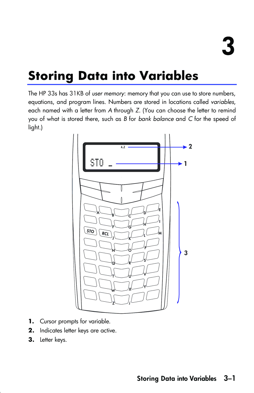 HP 33s Scientific manual Storing Data into Variables 