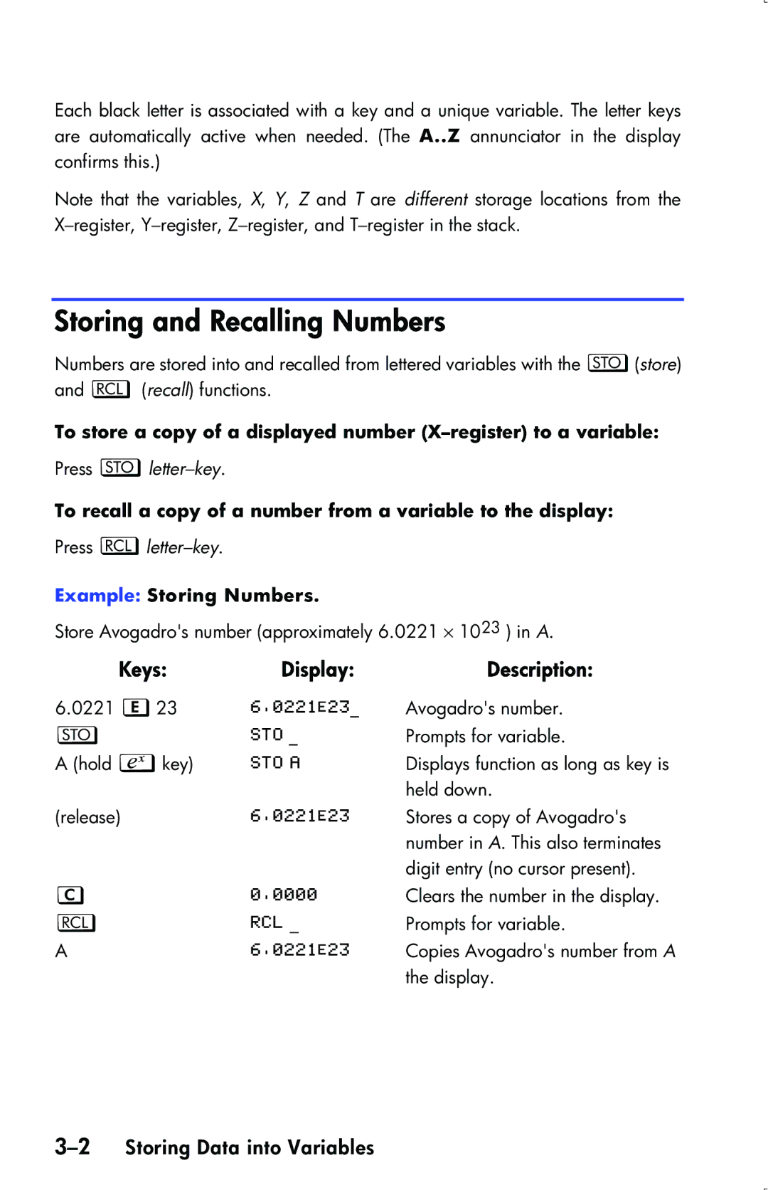 HP 33s Scientific manual Storing and Recalling Numbers, 2Storing Data into Variables, Example Storing Numbers 