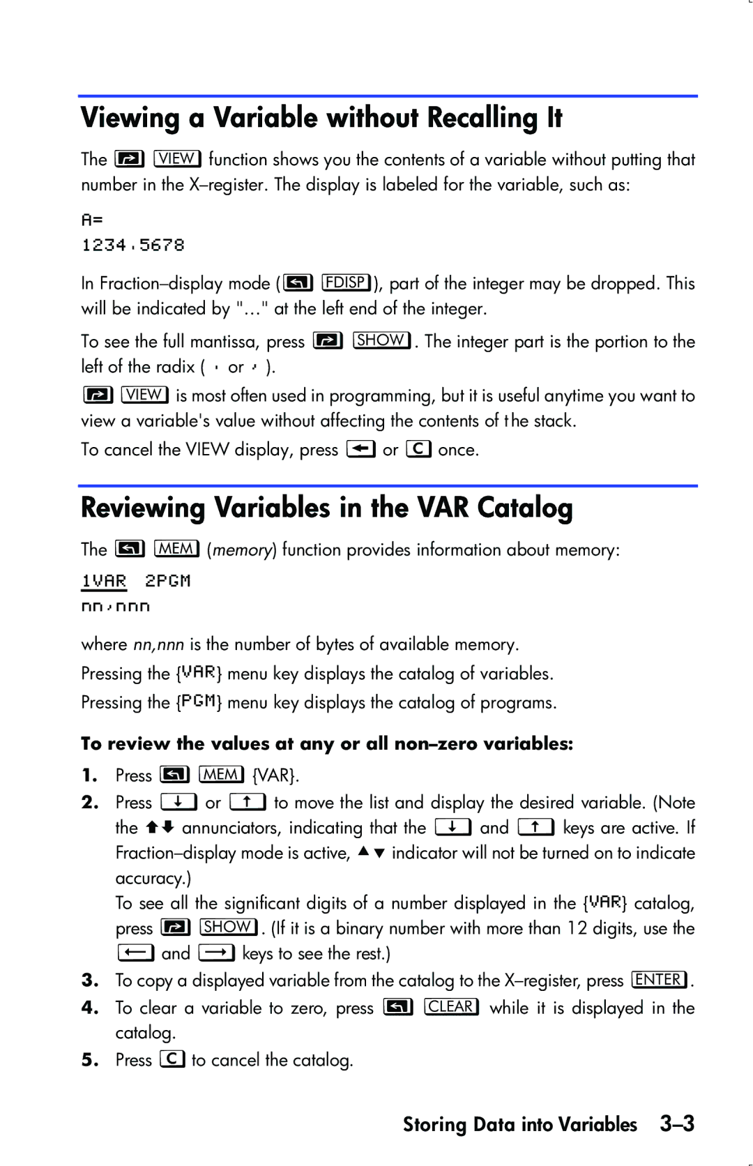 HP 33s Scientific manual Viewing a Variable without Recalling It, Reviewing Variables in the VAR Catalog 