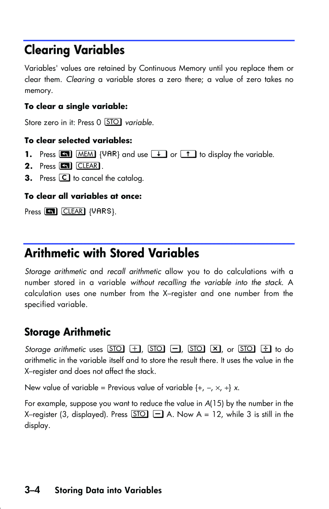 HP 33s Scientific Clearing Variables, Arithmetic with Stored Variables, Storage Arithmetic, 4Storing Data into Variables 