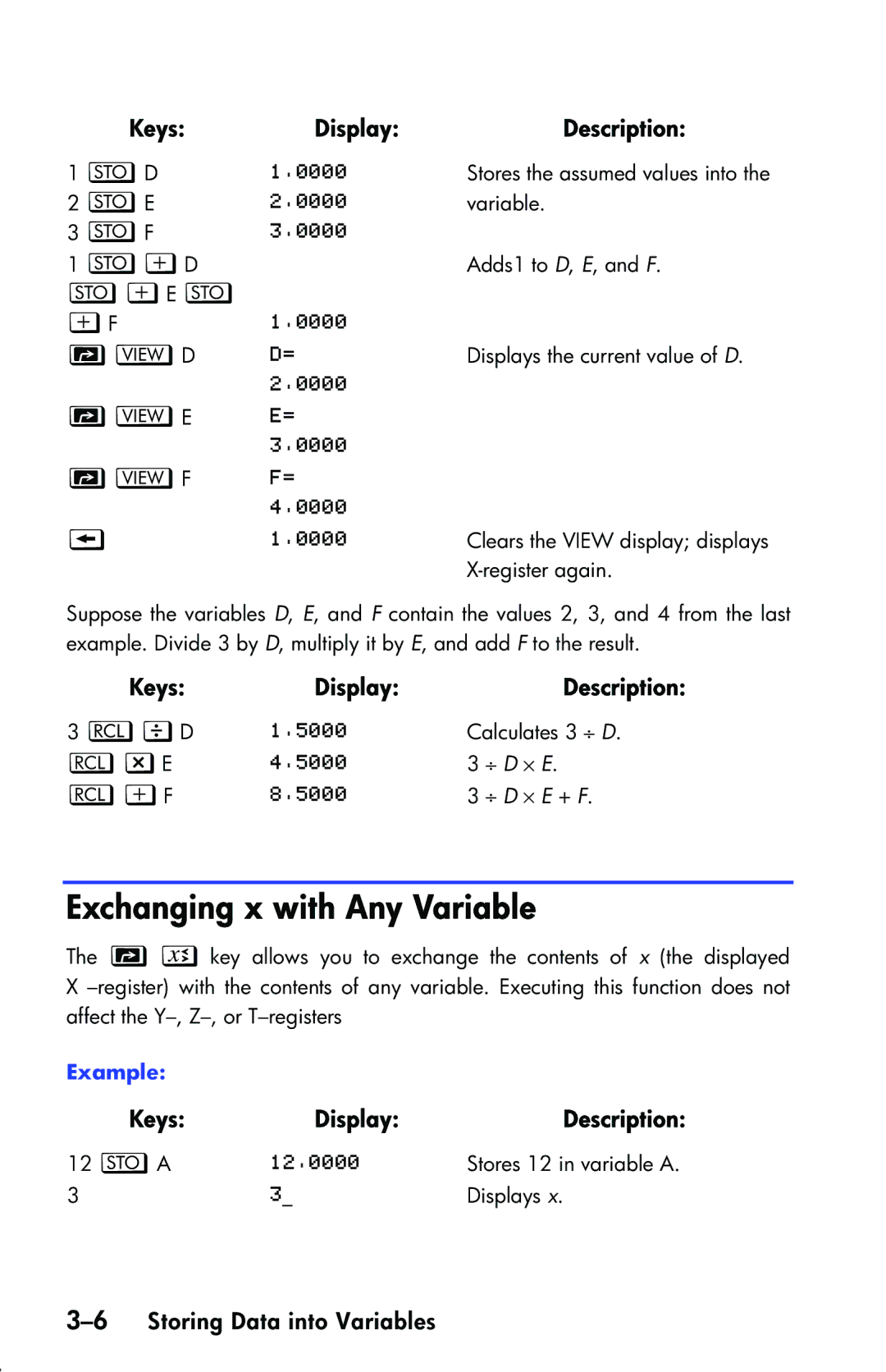 HP 33s Scientific manual Exchanging x with Any Variable, LzE, 6Storing Data into Variables 