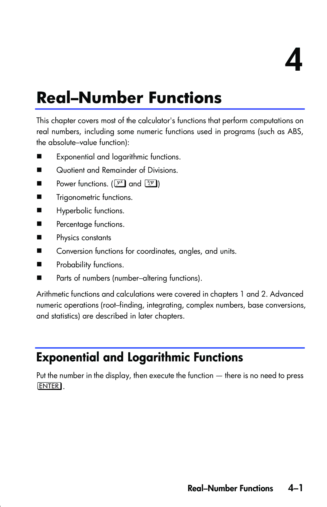 HP 33s Scientific manual Real-Number Functions, Exponential and Logarithmic Functions 