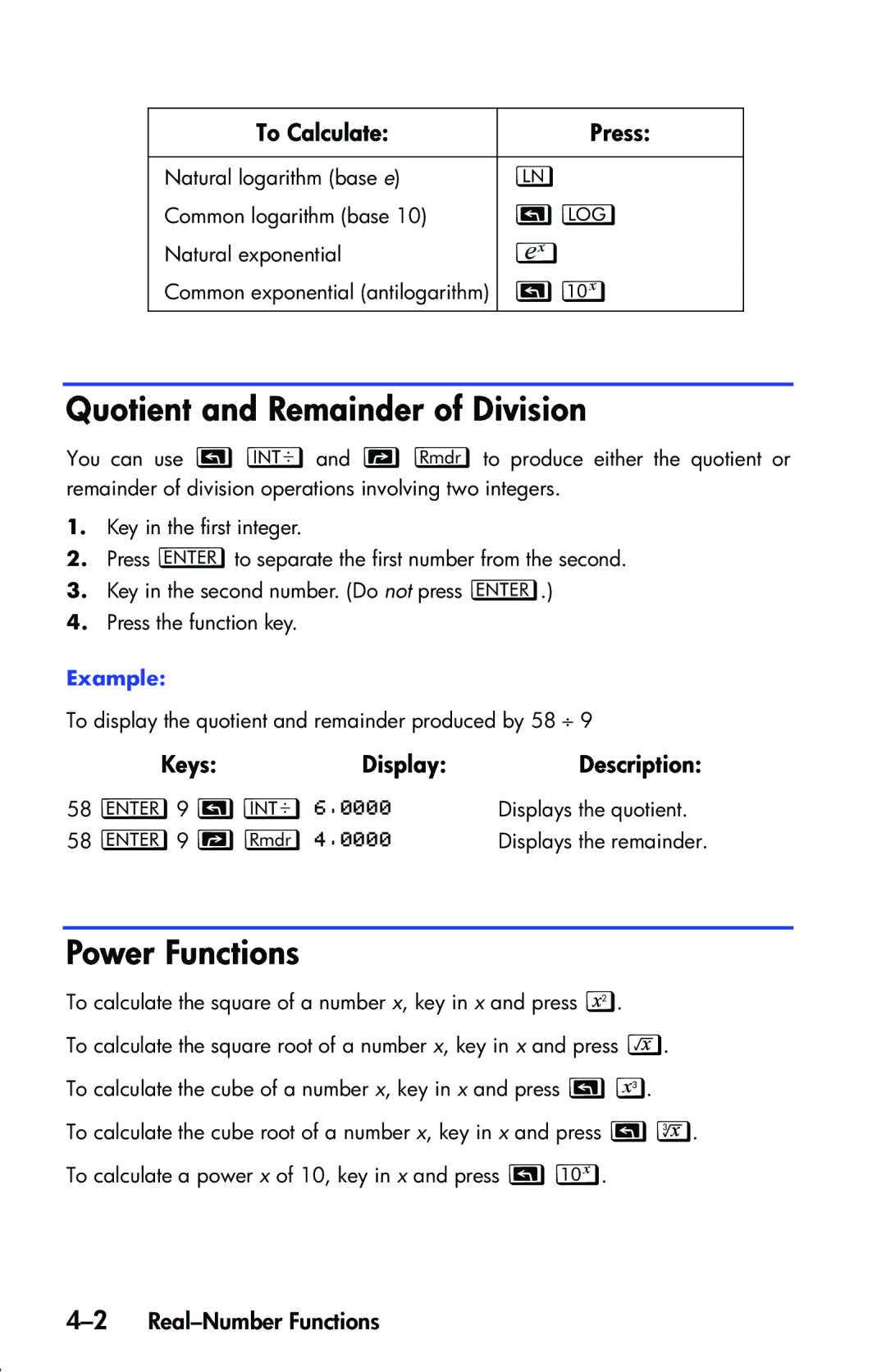 HP 33s Scientific manual Quotient and Remainder of Division, Power Functions, To Calculate Press, 2Real-Number Functions 