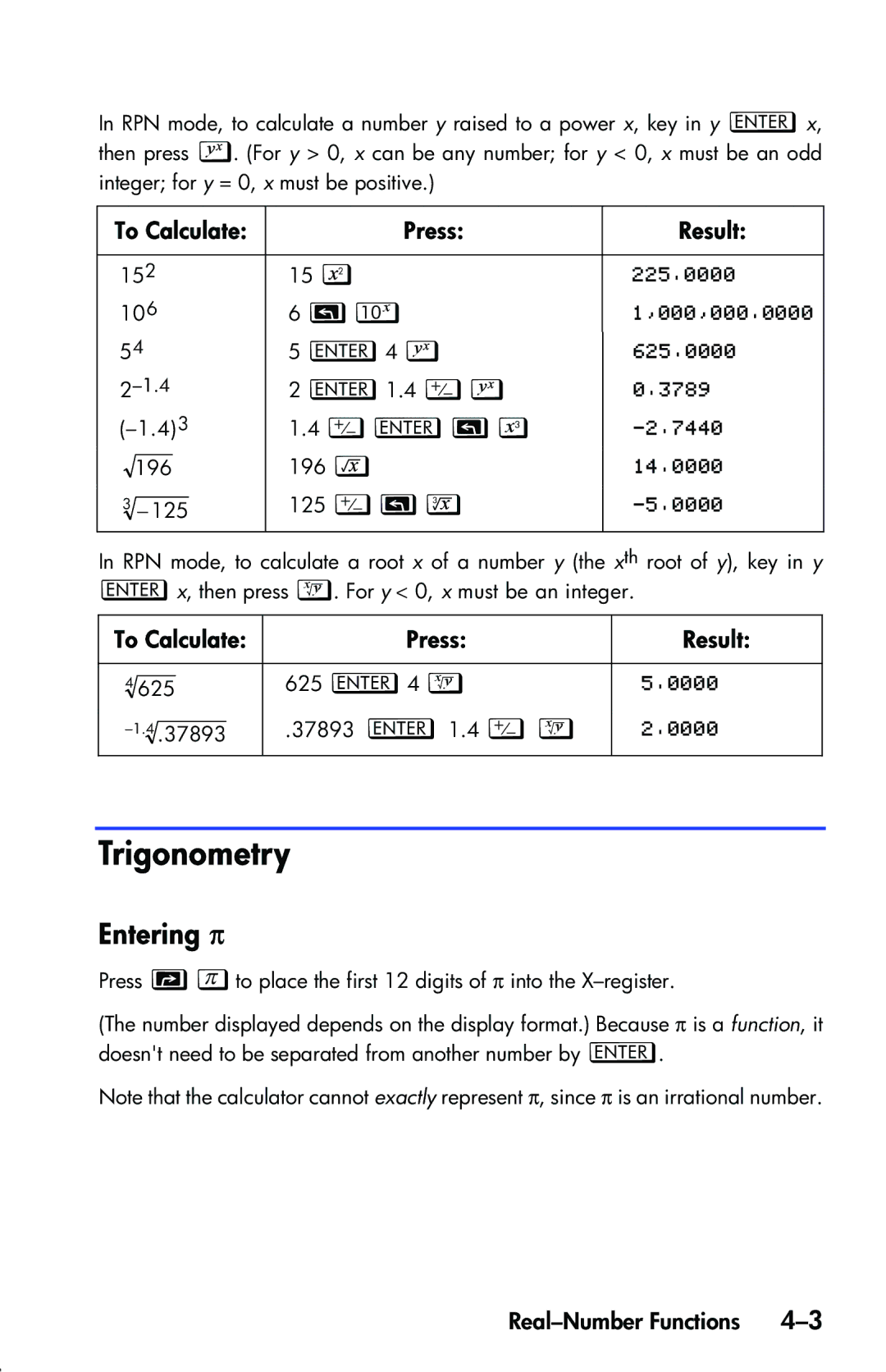 HP 33s Scientific manual Trigonometry, Entering π, To Calculate Press Result 