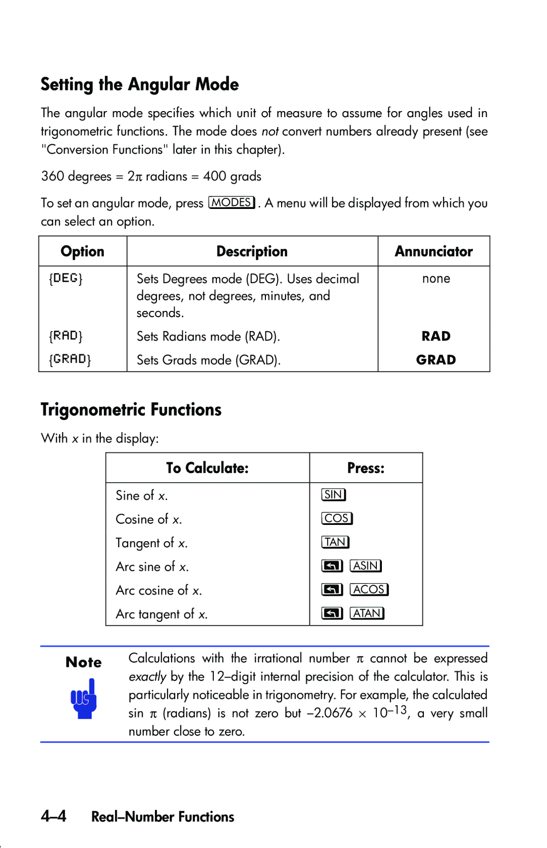 HP 33s Scientific manual Setting the Angular Mode, Trigonometric Functions, Option Description Annunciator 