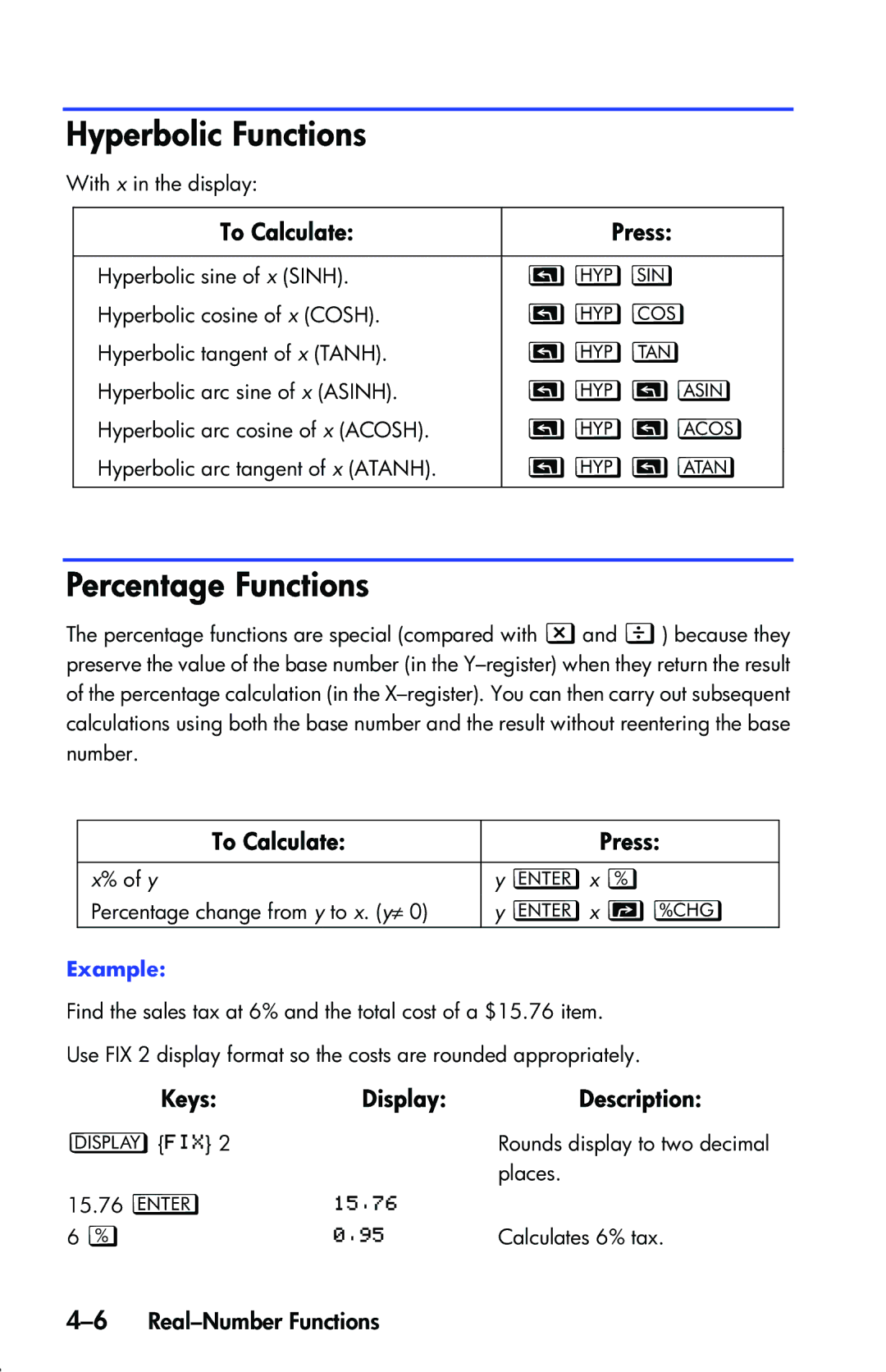 HP 33s Scientific manual Hyperbolic Functions, Percentage Functions, 6Real-Number Functions, ‘x Q 