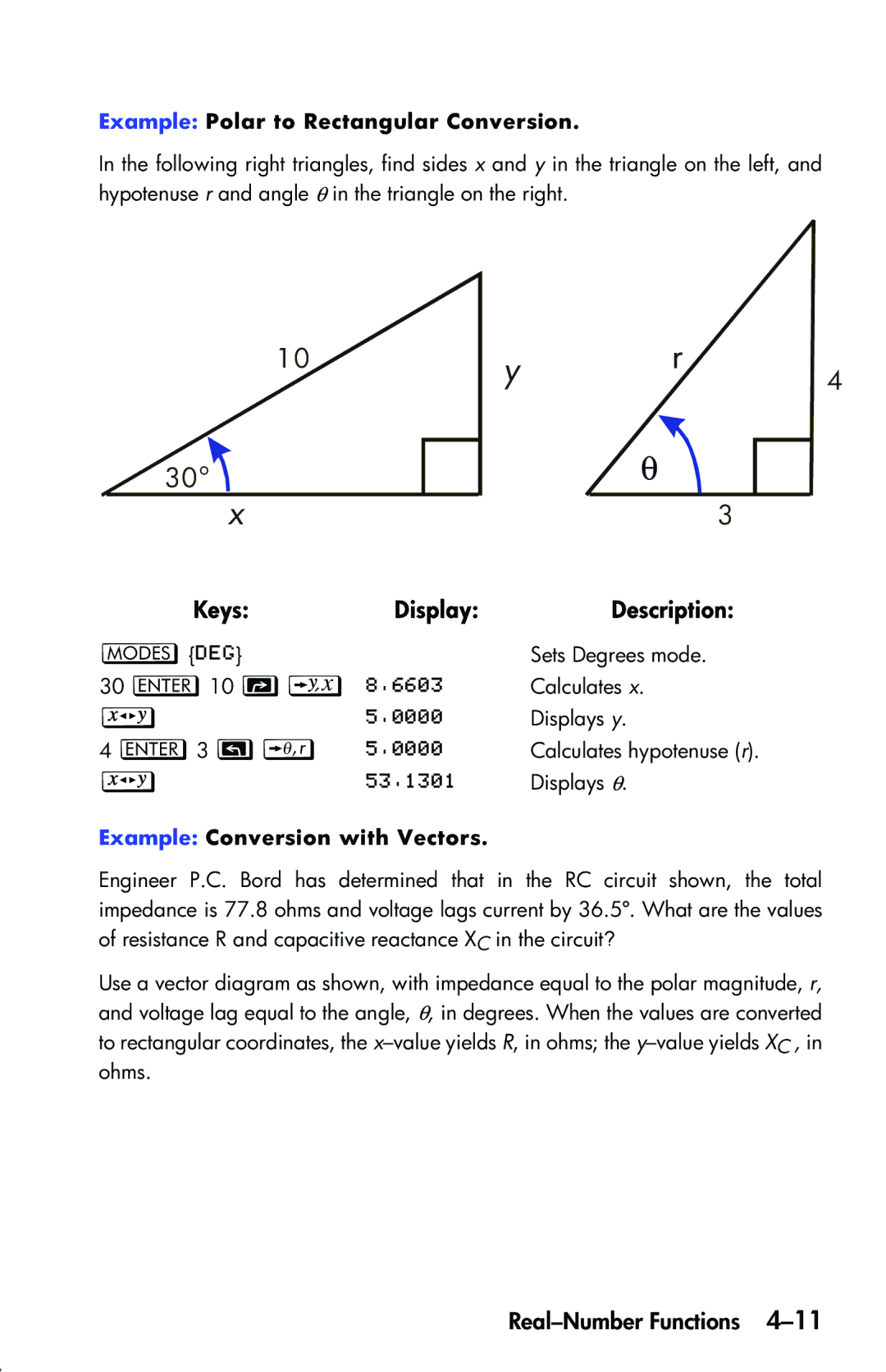 HP 33s Scientific manual Example Polar to Rectangular Conversion, Example Conversion with Vectors 