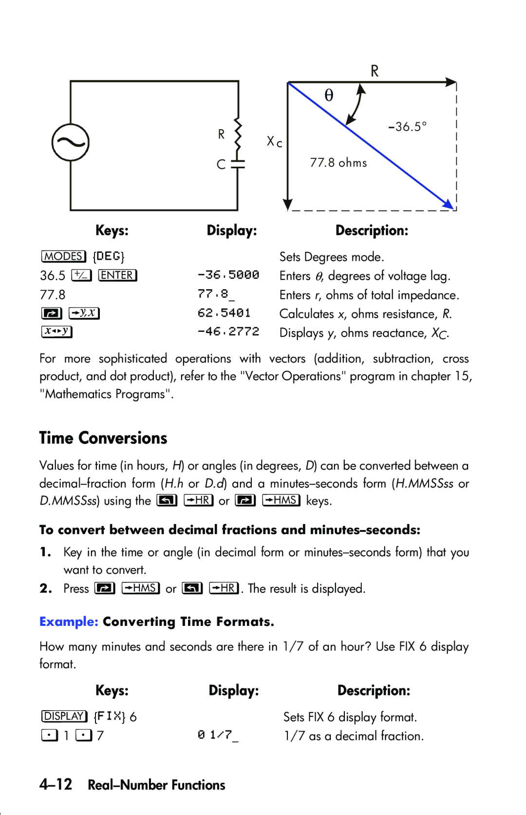 HP 33s Scientific Time Conversions, 12Real-Number Functions, To convert between decimal fractions and minutes-seconds 