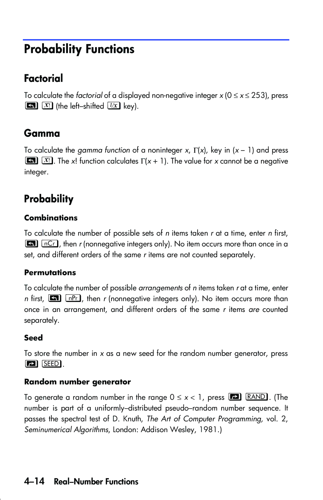 HP 33s Scientific manual Probability Functions, Factorial, Gamma, 14Real-Number Functions 