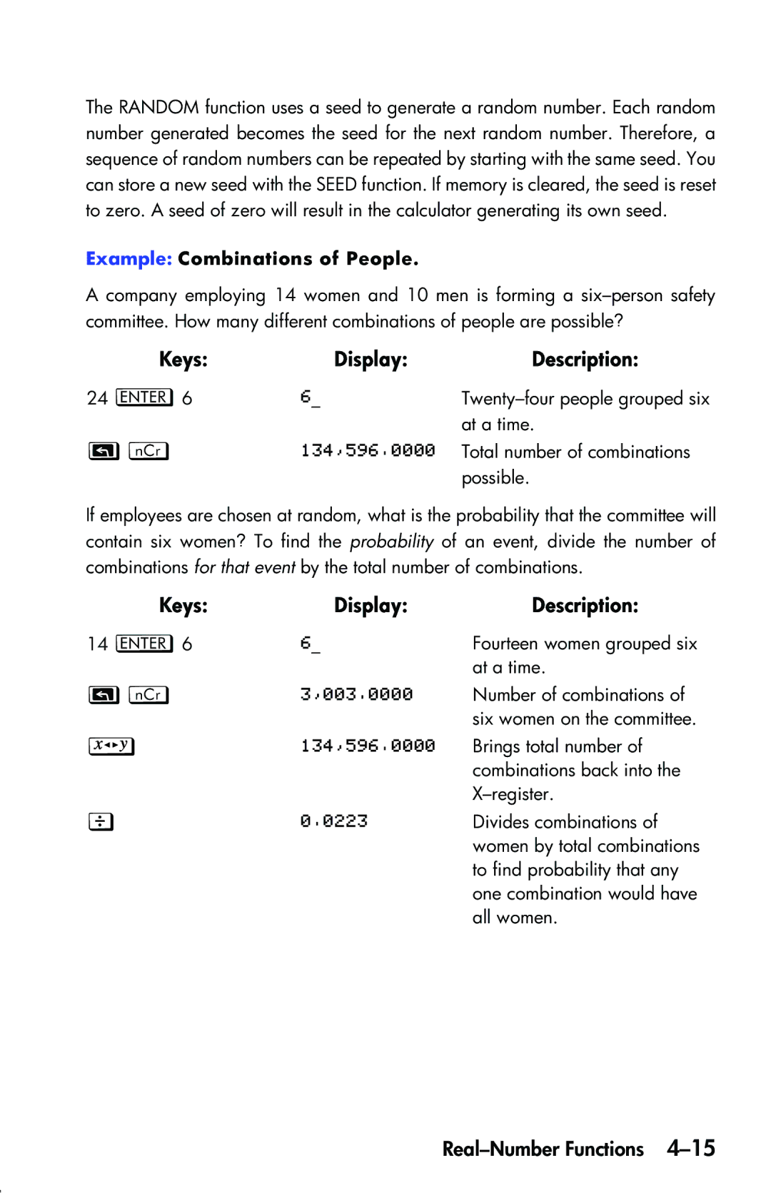 HP 33s Scientific manual Keys, Example Combinations of People, Display 