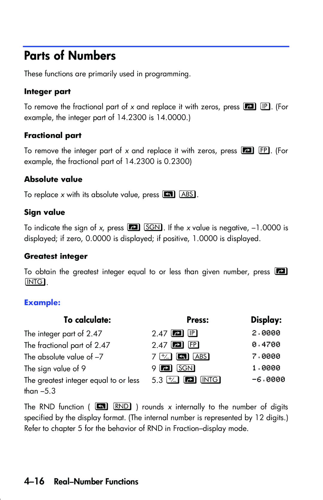 HP 33s Scientific manual Parts of Numbers, 16Real-Number Functions 