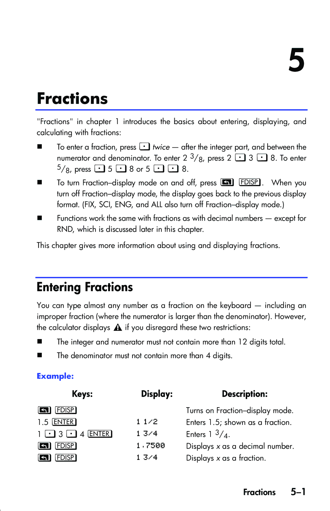 HP 33s Scientific manual Entering Fractions 