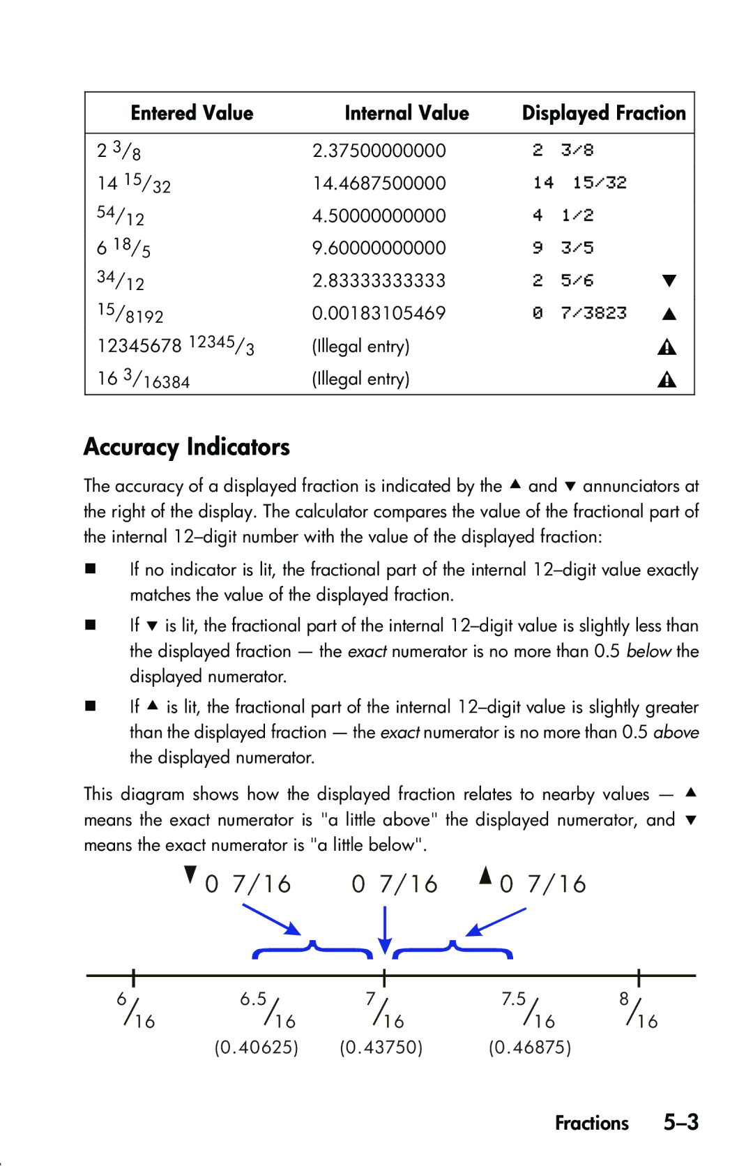 HP 33s Scientific manual Accuracy Indicators, Entered Value Internal Value Displayed Fraction 