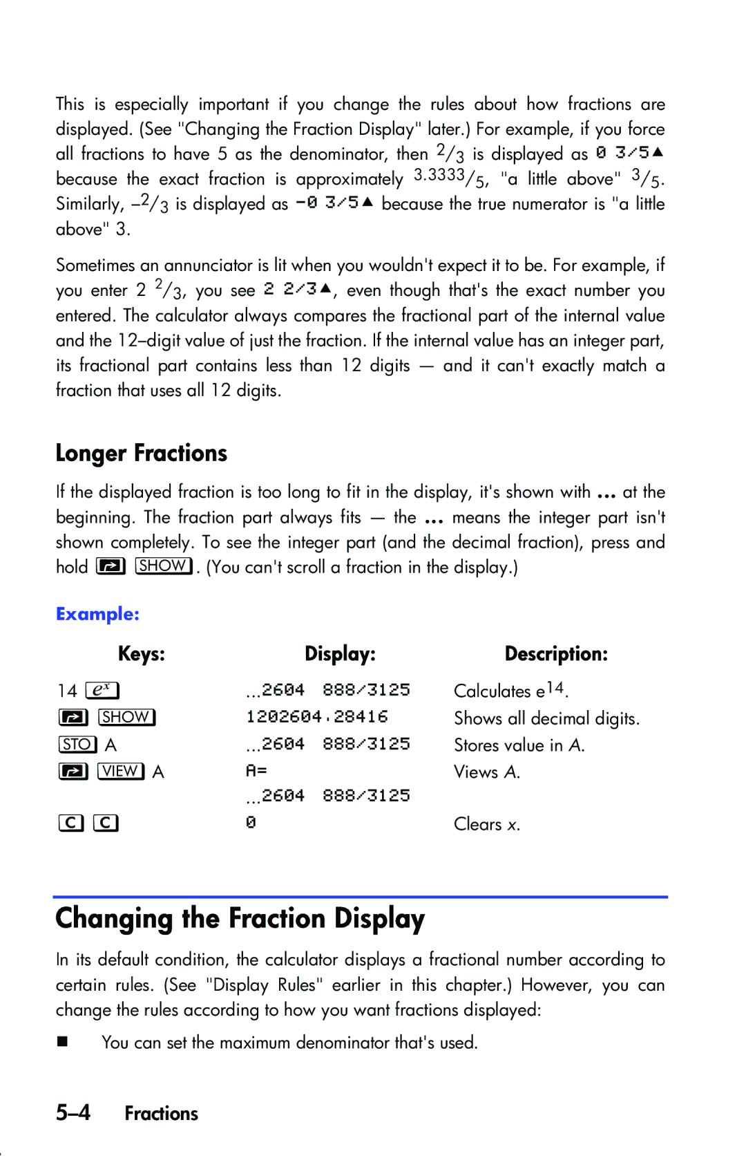 HP 33s Scientific manual Changing the Fraction Display, Longer Fractions, 4Fractions 